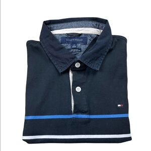 Tommy Hilfiger Polo Shirt Mens Large L Black Striped Custom Fit Short Sleeve‎